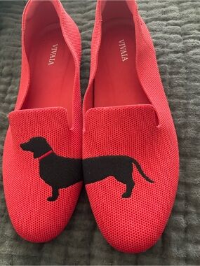 Viviana Red Knit Slip-On Flats with Black Dachshund Motif